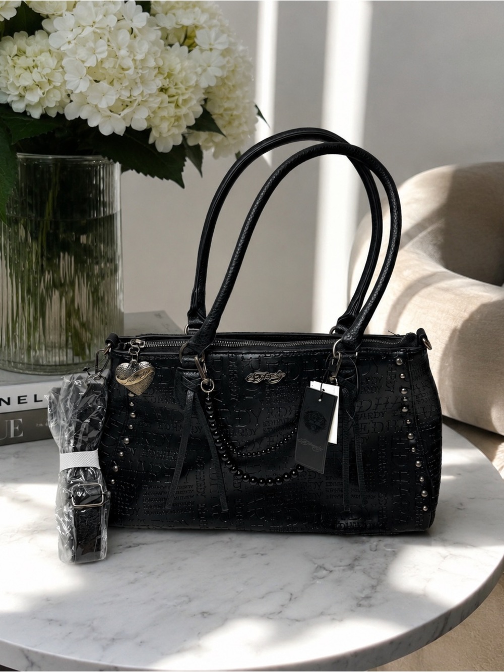 NWT Ed Hardy Black Embossed Satchel Purse w/ Strap & Beaded Charm